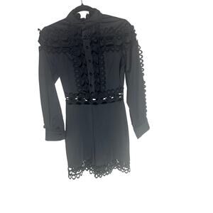 Women's L Black High-Neck Lace Trim Button-Up Romper Long Sleeve Elegant Chic